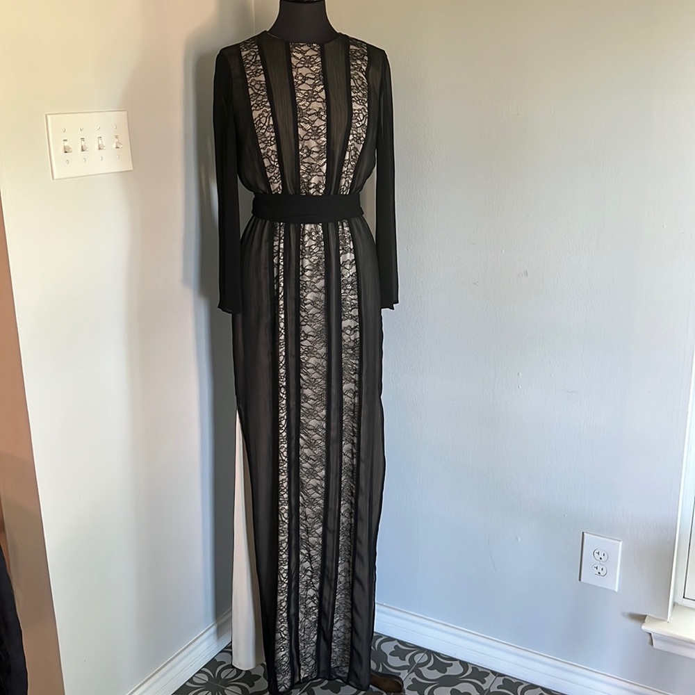Alice + Olivia black lace maxi dress with sheer sleeves and side slits